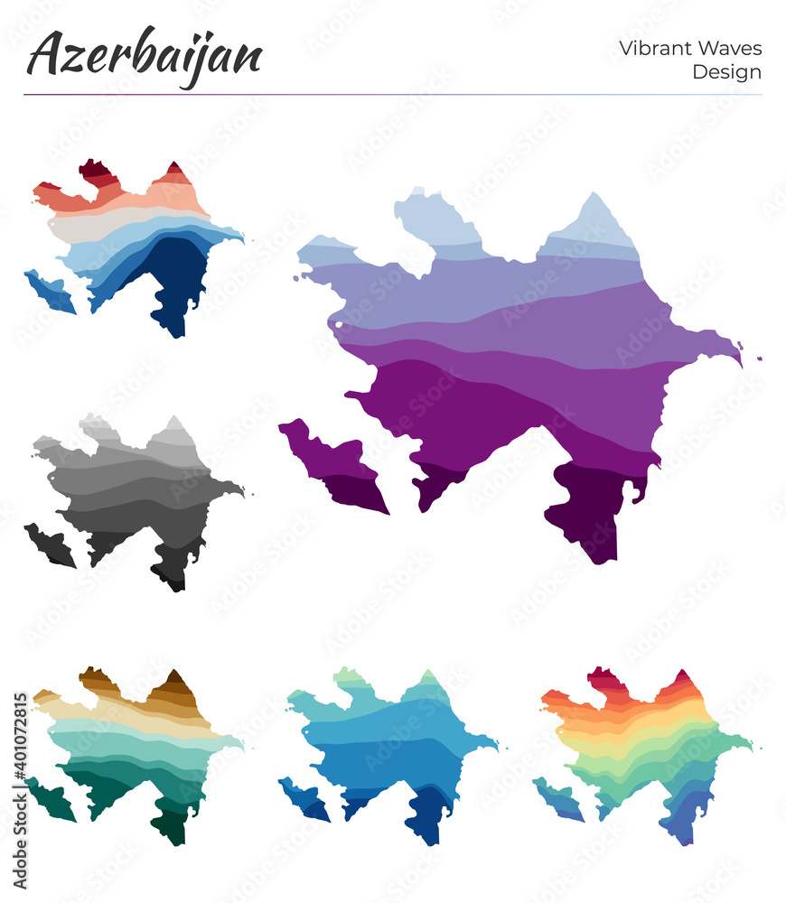 Poster set of vector maps of azerbaijan. vibrant waves design. bright map of country in geometric smooth cu