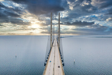 The bridge between Denmark and Sweden, Oresundsbron. Aerial view of the bridge during cloudy stormy...