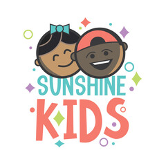 Happy School Kids Boy and Girl Logo Smiling Sunshine Fun Comic Graphic Design Daycare Group Church Business 