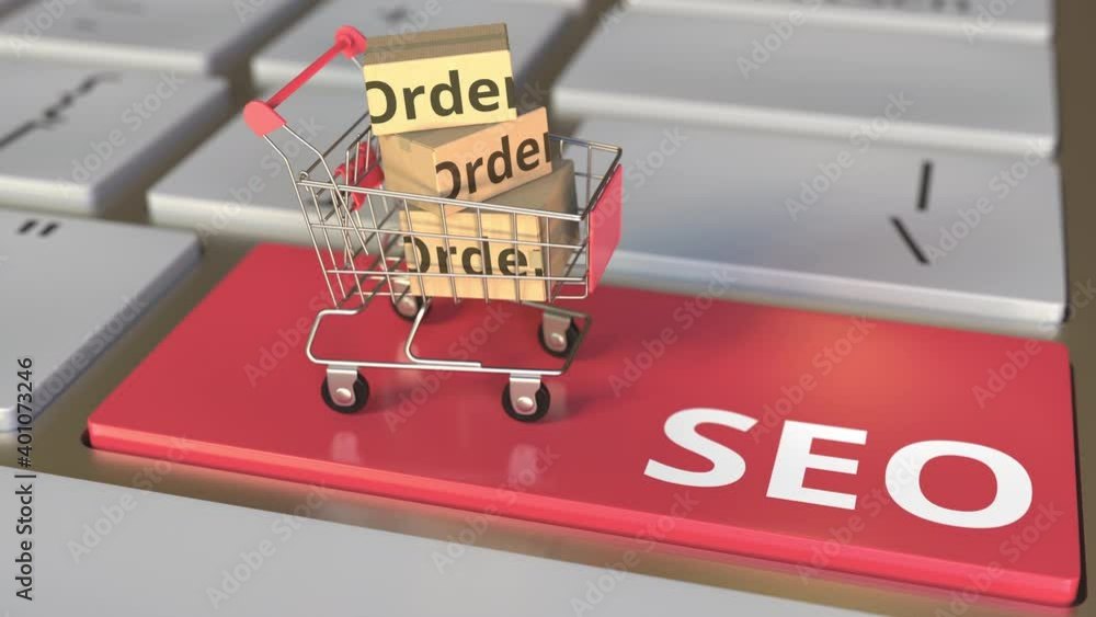 Poster seo or search engine optimization text on computer keyboard and boxes in small shopping cart. electr