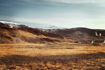 Icelandic scenery with snowy mountain and grass