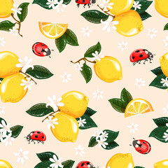 Tropical background with yellow lemons. Tropical summer fruits seamless pattern. Vector fabric design with lemons, flowers and ladybug. Fruit repeated background.