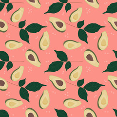 Seamless pattern with avocado and leaves. The avocado halves with the points on the pattern. vector illustration..