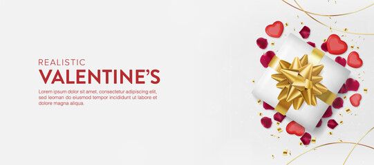 Realistic valentines day. Romantic Premium Vector background with giftbox, petals, hears and confetti. Flatlay