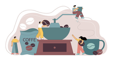 Grinding coffee beans. Flat people make coffee, grind coffee on a coffee grinder. Barista. Vector illustration