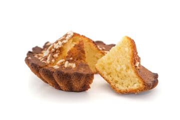 delicious curd cupcake isolated on white background. Slit cupcake on white.