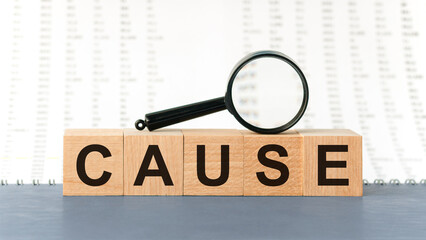 Wooden blocks with the text: cause with magnifying glass