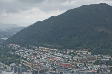 Fototapeta na wymiar View of Bergen city from Mount Floyen, Floyen is one of the city mountains in Bergen, Hordaland, Norway, and one of the city’s most popular tourist attractions