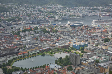 Fototapeta premium View of Bergen city from Mount Floyen, Floyen is one of the city mountains in Bergen, Hordaland, Norway, and one of the city’s most popular tourist attractions