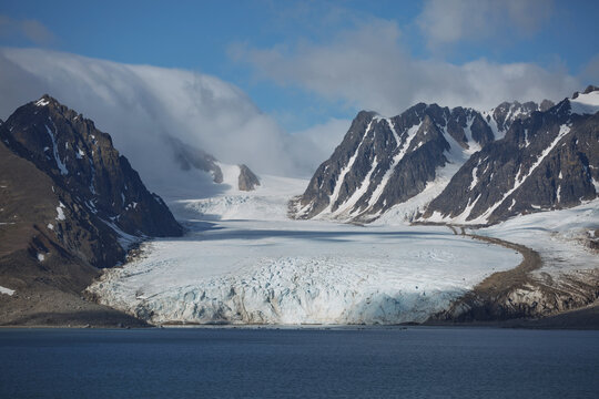 The coastline and mountains of Liefdefjord in the Svalbard Islands (Spitzbergen) in the high Arctic