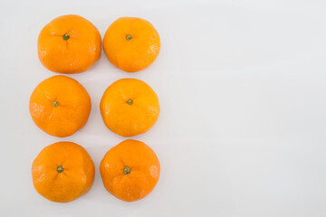 Two rows of ripe citrus tangerines on a white background. Place for your text. Copy space.