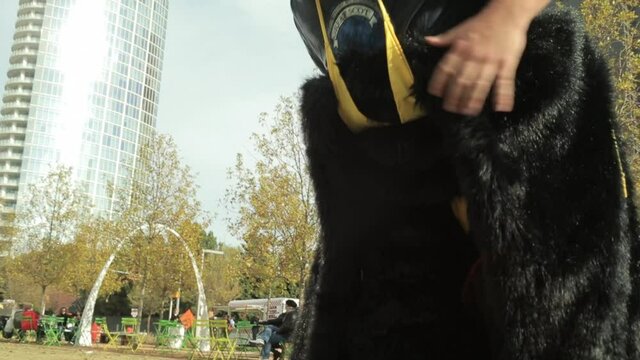Caucasian man dressing in bear costume in public park