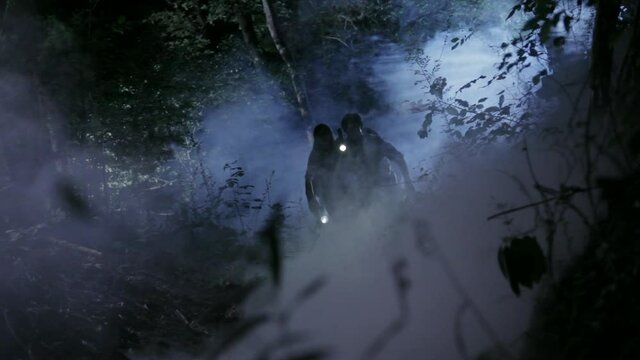 Cautious friends walking in woods at night with flashlights