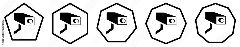 Poster cctv camera icon in polygons with different number of edges. surveillance sign
