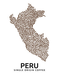 Fototapeta premium Shape of Peru map made of scattered coffee beans, country name below