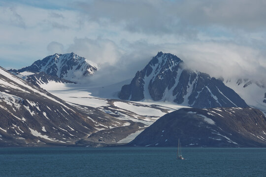 The coastline and mountains of Liefdefjord in the Svalbard Islands (Spitzbergen) in the high Arctic
