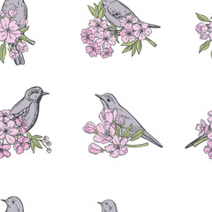 Spring flowers and birds. Vector  pattern