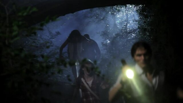 View through branches of friends running down hill in woods at night