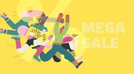 Discounts, sale, promotion - modern flat vector concept illustration of people crowd running in the pursuit of the discounts, with a big percent sign on the background. Mega sale