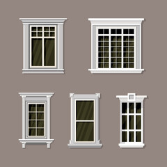 Vector illustration of various house window designs set. Suitable for the design elements of an elegant classic building. External view of the template window frame collection.