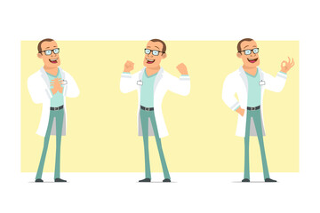 Cartoon flat funny strong doctor man character in white uniform and glasses. Boy showing muscles and okay gesture. Ready for animation. Isolated on yellow background. Vector set.
