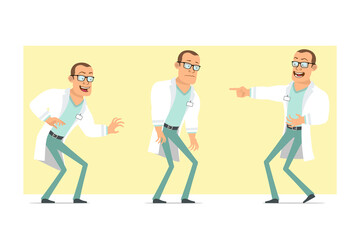 Fototapeta na wymiar Cartoon flat funny strong doctor man character in white uniform and glasses. Boy sad, tired, laughing and scared. Ready for animation. Isolated on yellow background. Vector set.