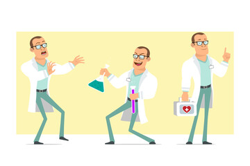 Cartoon flat funny strong doctor man character in white uniform and glasses. Boy scared and holding chemical flasks with liquid. Ready for animation. Isolated on yellow background. Vector set.