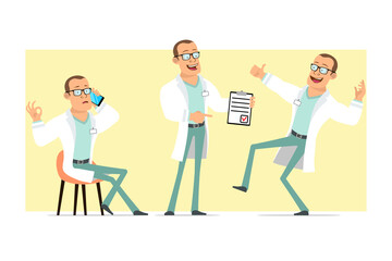 Cartoon flat funny strong doctor man character in white uniform and glasses. Boy talking on phone and showing to do list. Ready for animation. Isolated on yellow background. Vector set.