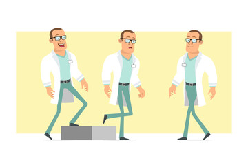 Cartoon flat funny strong doctor man character in white uniform and glasses. Successful tired boy walking up to his goal. Ready for animation. Isolated on yellow background. Vector set.
