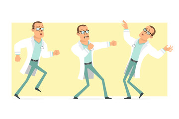 Cartoon flat funny strong doctor man character in white uniform and glasses. Boy running, fighting and falling down. Ready for animation. Isolated on yellow background. Vector set.