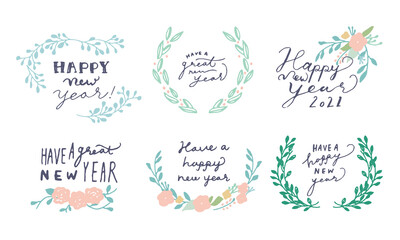 手書きの年賀ロゴ草木のリース風　Happy New Year 2020 hand lettering 