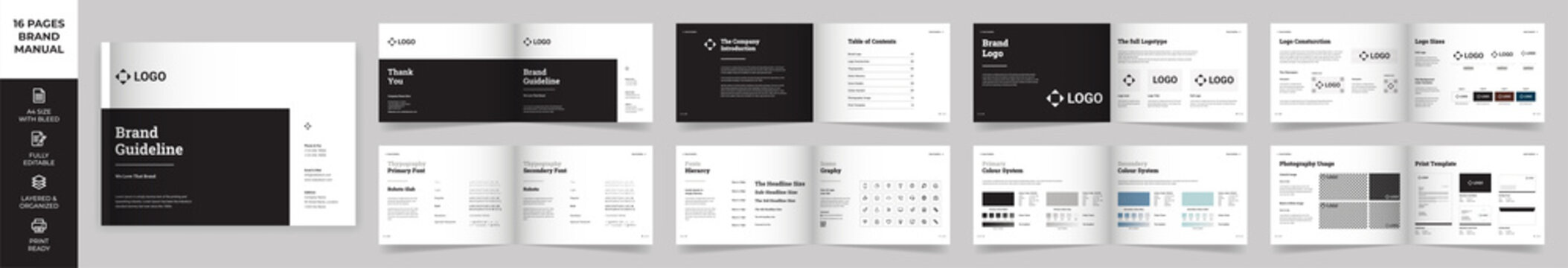Landscape Brand Manual Template, Simple style and modern layout Brand Style , Brand Book, Brand Identity, Brand Guideline, Guide Book