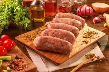 Brazilian pork sausage with chimichurri on wood cutting with spices and ingredients