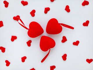 Valentine's day concept with red hearts. Abstract background. Flat lay, copy space