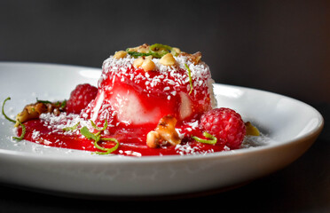 Dessert malabi with nuts and syrup