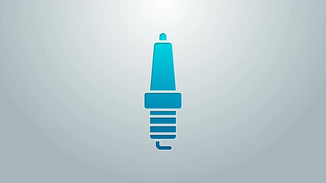 Blue line Car spark plug icon isolated on grey background. Car electric candle. 4K Video motion graphic animation