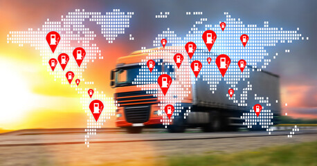 Container truck on the highway with digital dotted map and gas station location. Navigation road...