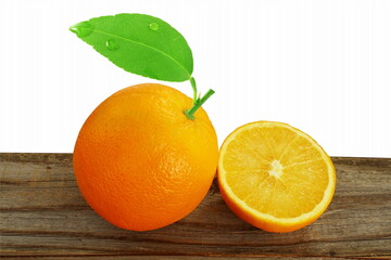 fresh orange citrus fruit with slices orange and leaves isolated in white background