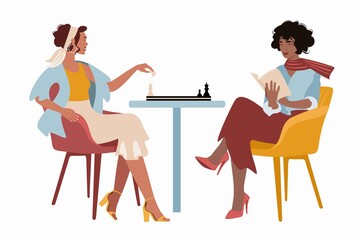 Two beautiful smiling women playing chess. Female chess players. Trendy vector cartoon flat illustration. 