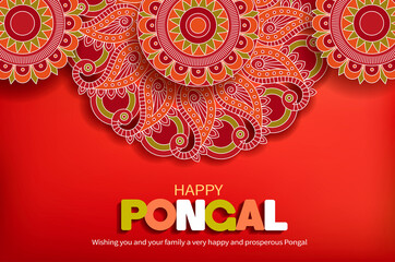 Greeting background with rangoli for traditional Indian harvest festival Pongal. Makar Sankranti background. Vector illustration.