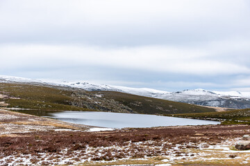 Lake in Spain with snowy mountains without people. Idyllic winter background without people