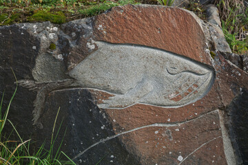 Image of whale chiseled into rocks, Qaqortoq Greenland