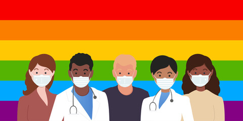 People wearing masks against the background of the rainbow LGBT flag. Vector illustration.