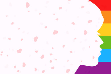 Romantic female silhouette in rainbow colors. Flying hearts. LGBT Pride Month in June. LGBT flag. Rainbow love concept. Human rights and tolerance. Poster, postcard, banner and background. Vector