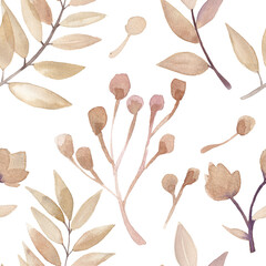 Watercolor seamless pattern with  light-brown leaves, buds and twigs.