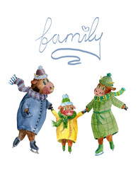 watercolor illustration of a bull's family on skates and in winter clothes. Symbol of the year 2021. Illustration for a postcard.