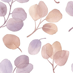Watercolor geometric seamless pattern with silver dollar eucalyptus leaves