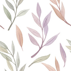 Seamless watercolor pattern with  green leaves, buds and twigs.