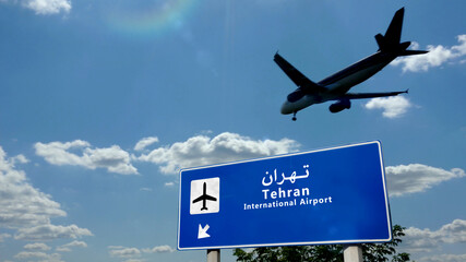 Plane landing in Tehran Iran airport with signboard