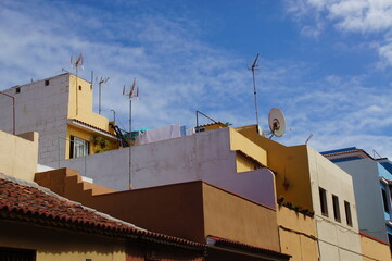  interesting colorful holiday houses in the streets of the Spanish city of Puerto De la Cruz in...